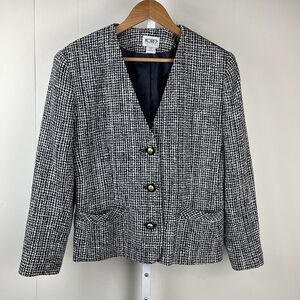 Vintage Koret Tweed Blazer Jacket Womens‎ 10P Navy White 100% Silk Big Buttons